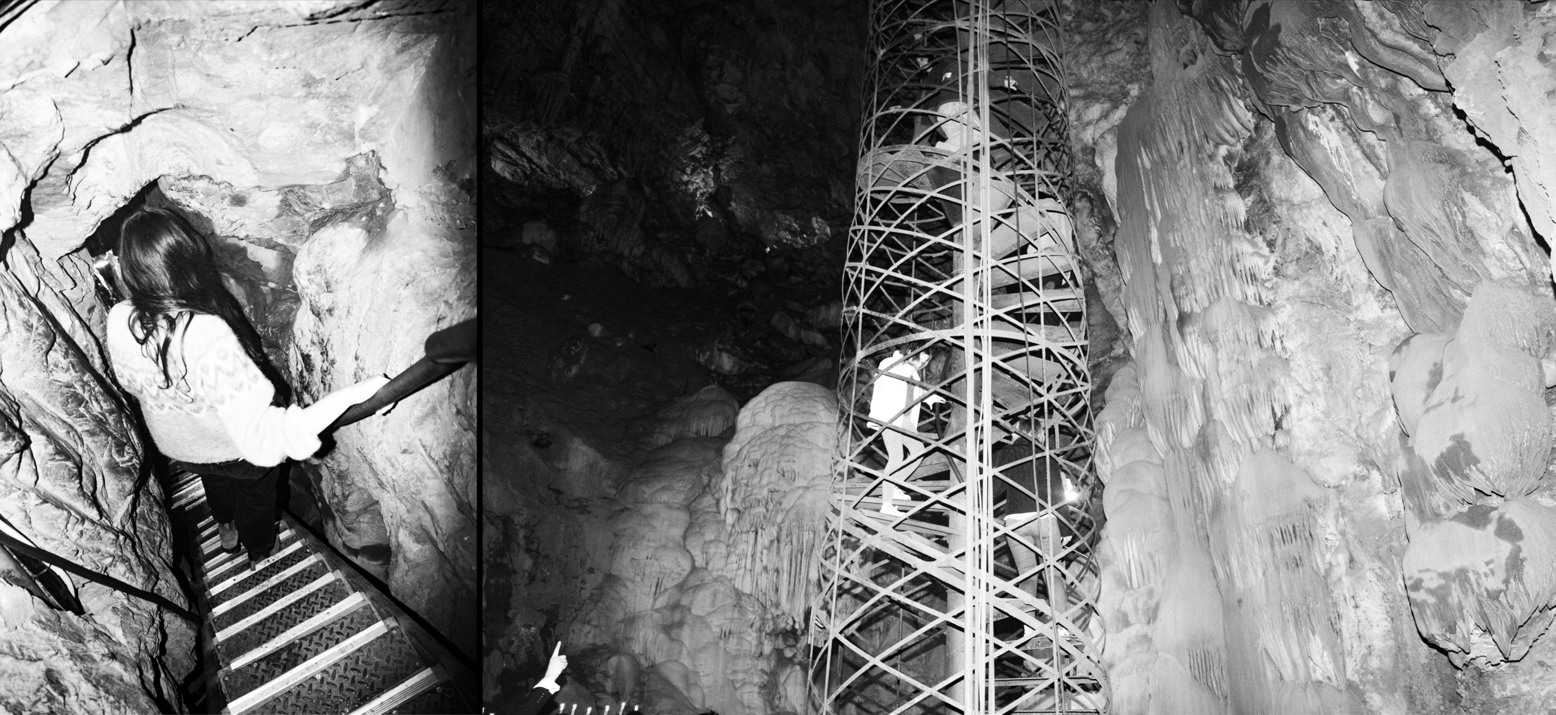 Two black and white photos: a guest descending the narrow crevice staircase, and the spiral staircase tower rising between cave formations